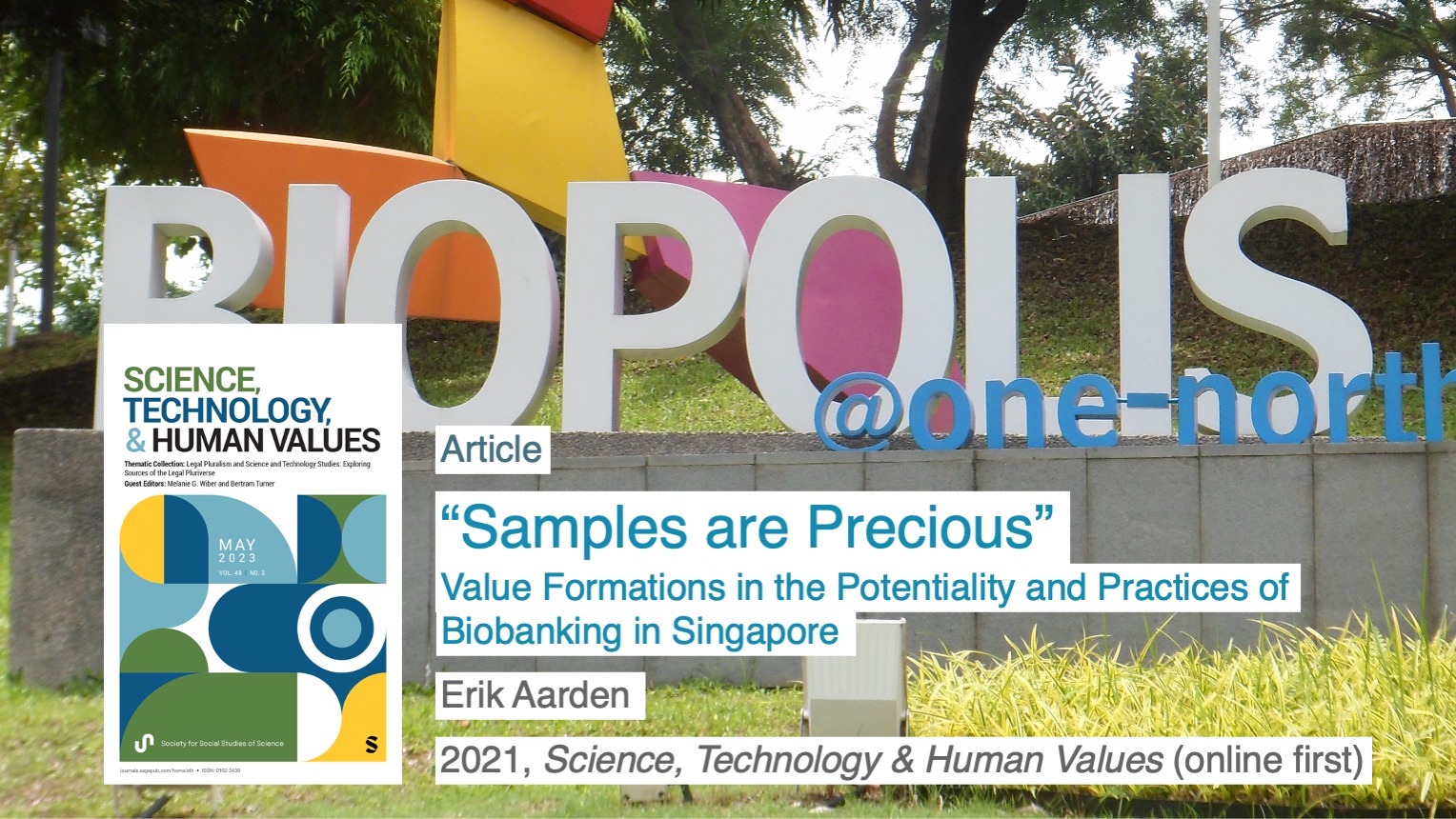 Erik Aarden: "Samples ar Precious". Value Formations in the Potentiality and Practices of Biobanking in Singapore. 2021, Science, Technology & Human Values.