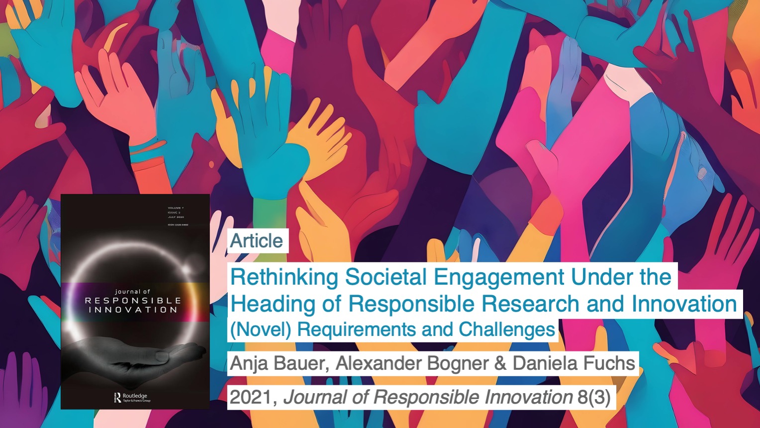 Anja Bauer, Alexander Bogner, Daniela Fuchs: Rethinking Socieltal Engagnement Under the Heading of Responsible Research and Innovation (Novel) Requirements and Challenges. 2021, Journal of Responsible Innovation 8(3).