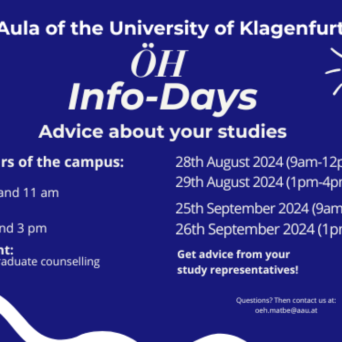 The Info-Days of the Österreichische Hochschüler:innenschaft (ÖH) Klagenfurt will support you on 28 and 29 August and 25 and 26 September 2024 before the start of the semester with advice on all aspects of studying.