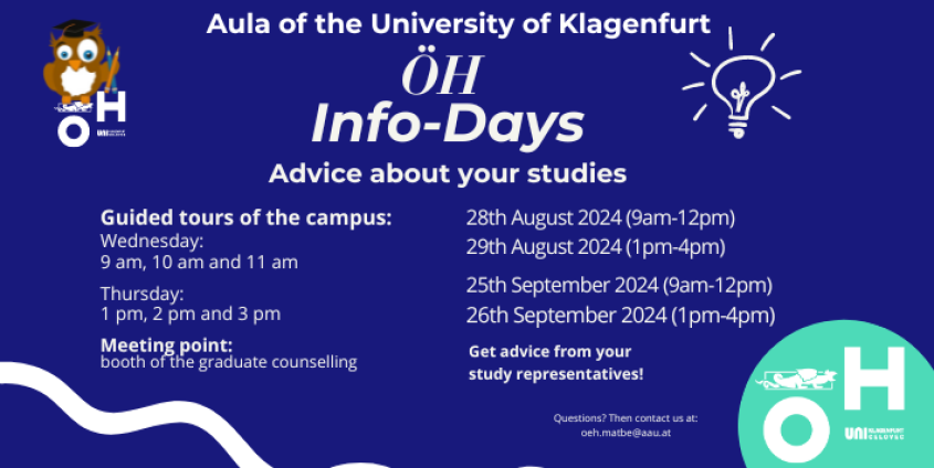 The Info-Days of the Österreichische Hochschüler:innenschaft (ÖH) Klagenfurt will support you on 28 and 29 August and 25 and 26 September 2024 before the start of the semester with advice on all aspects of studying.