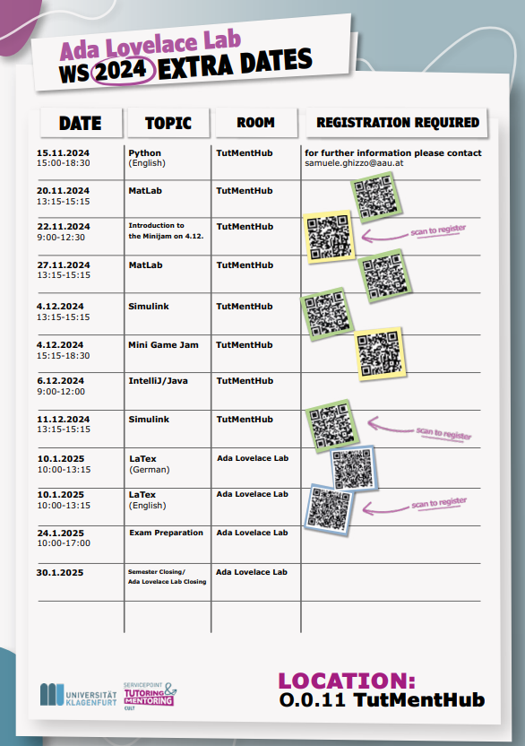 Das Bild zeigt Zusatztermine für das Ada Lovelace Lab im Wintersemester 2024/25.